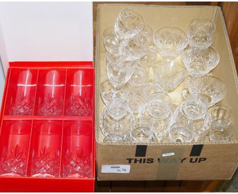 Quantity of assorted glassware, engraved, cut glass, to include brandy balloons, sherries, cocktail, wine, pair of Scandinavi