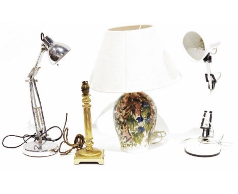 Stainless steel anglepoise lamp, a white anglepoise lamp, a brass-coloured metal table lamp&nbsp;shaped as Corinthian column 