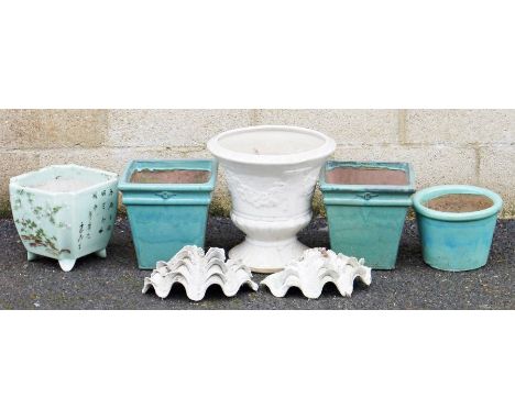 Selection of terracotta garden pots , various shapes and sizes, a white ceramic urn shaped planter, turquoise glazed garden p