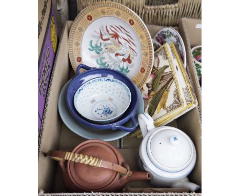 Three boxes of ceramics, glass and other items including converted oil lamp, vintage cash box, iron and copper ladle, etc (3 