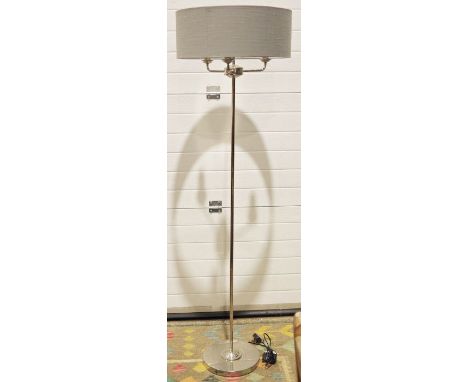 Laura Ashley silver-coloured metal standard lamp, three-branch lighting with a grey linen shade, 103cm high&nbsp;