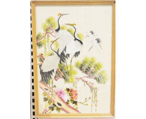 Various embroidered pictures&nbsp;in the Chinese style, one showing cranes with peonies on a tree, embroidery of budgies, two