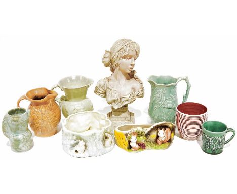 Assorted clocks, a resin bust of a gypsy girl, various Dulac-style jugs, Carltonware-style vases, etc (1 box plus)&nbsp;