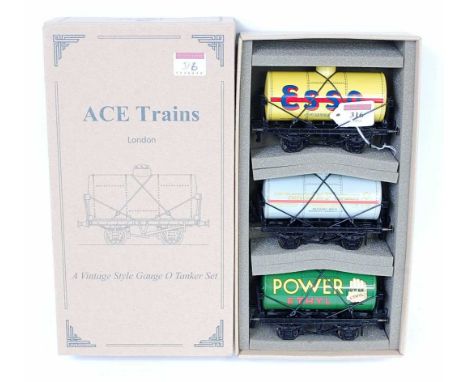 ACE Trains set 7 of G1 three petrol tank wagons:- Esso yellow, BP Motor Spirit grey and Power Ethyl (M-BM)