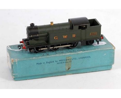 EDL7 Hornby Dublo 0-6-2 tank loco GWR 6699, horseshoe motor chassis, GWR on tank sides, bolt holding front coupling might be 