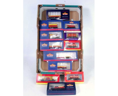 Twelve wagons Bachmann Hornby and Dapol in Satlink (S&amp;T) departmental red and yellow livery, good selection of items (M-B