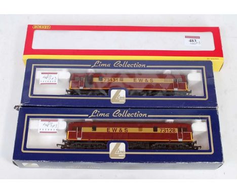 Two Lima class 73 diesel locomotives nos.73128 and 73131 both EWS maroon/yellow (GNM-BG) together with Hornby R4434 EWS manag