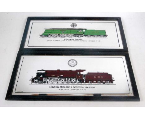 Six locomotive pictures in plastic frames and 2 large similar pictures with mirrored backing and a Lima 0 gauge battery power