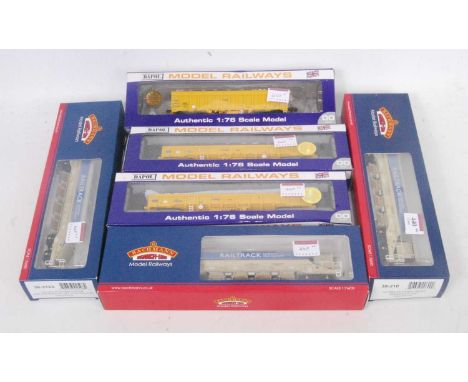 Three Bachmann items: Mk2 auto ballast wagons in Rail Track livery Ref,. 38-210; 38-210A; 38-212A, with 3 Dapol Network Rail 