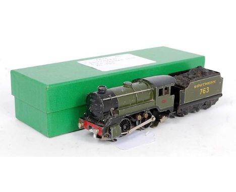 A Trix Twin 3-rail Southern green freelance 0-4-0 engine and tender No. 763 pre-war couplings, loss to paintwork mainly on bo