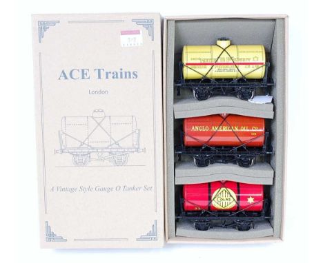 ACE Trains set 4 - G/1 of 3 tank wagons:- Anglo American Oil brown, Colas red and BP Motor Spirit yellow (M-BM)