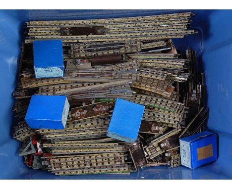 Large crate Hornby Dublo 3-rail track, approx quantities: 60 straights, 15 halves, 12 quarters, 13 roadway, 25 curves, 35 hal