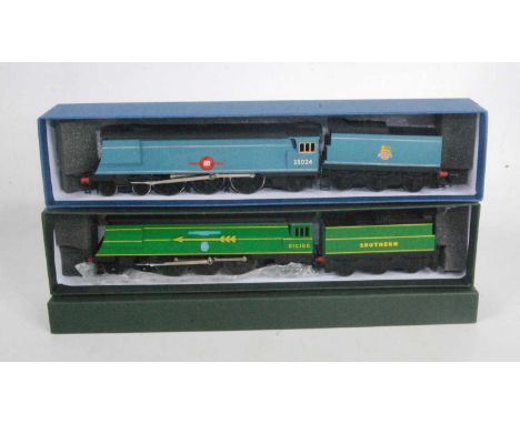Two Triang Bulleid streamlined engines and tenders, both repainted no. 2IC155 malachite green sunshine lettering Golden Arrow