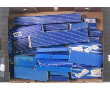 Dublo 3-rail boxed track, approx quantities: 8 large radius curves; 26 straights, 6 halves, 8 curves, 6 halves, 4x R/H and 6x