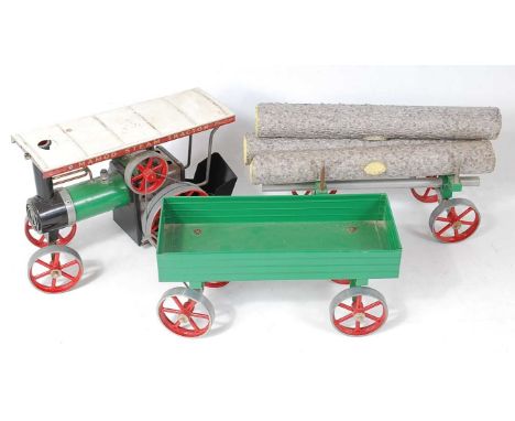 Mamod Live Steam group, to include TE1A Traction Engine, Open Trailer and Log Trailer with Load, used condition 