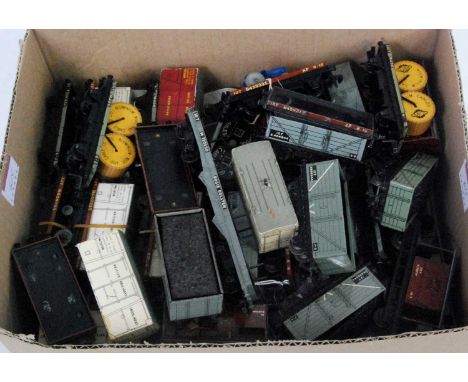 Tray of approx 47 Hornby Dublo tinplate wagons, mainly British Rail, a wide assortment including a low sided with tractor, un