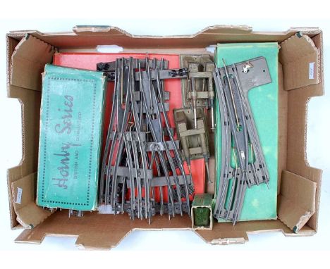 Large tray Hornby track: post-war c/w No. 2 turntable, unopened (M)(BE); electric rails: 12x straights; 12x 2' curves, 1x asy