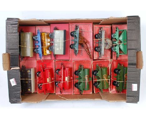 Large tray containing 12 Hornby boxed (some repro) wagons, all have plastic wheels, axle boxes fitted and converted to link c