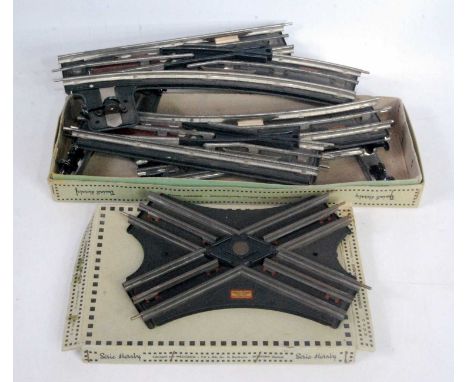 French Hornby electric track: 2x ECA 2 'Oblique' crossover; 1x L/H and 1x R/H open base 2' points (E-BE); 1x L/H and 1x R/H s