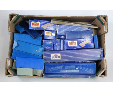 Dublo boxed 3-rail track, approx quantities, 16 large radius curves, 16 straights, 8 curves, 6 crossings, 3 electric uncouple