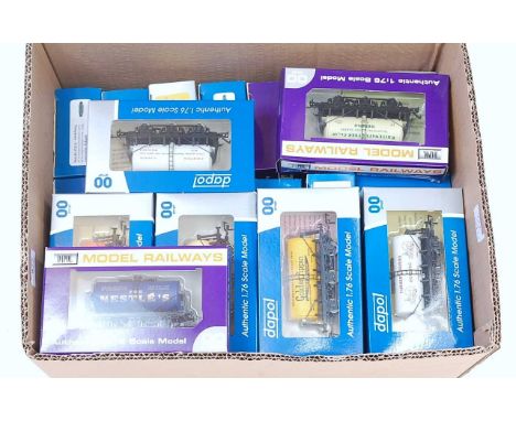 Large box containing 30 Dapol 4 and 6 wheel tank wagons, variety of names and liveries, some duplication, some weathered (M-B