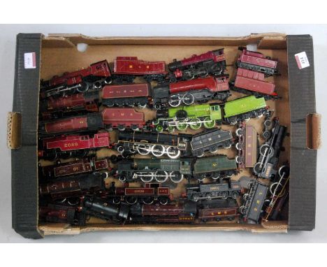 Large tray containing a mixture of 18 tank and tender locos many LMS livery, some modified from proprietary items but includi