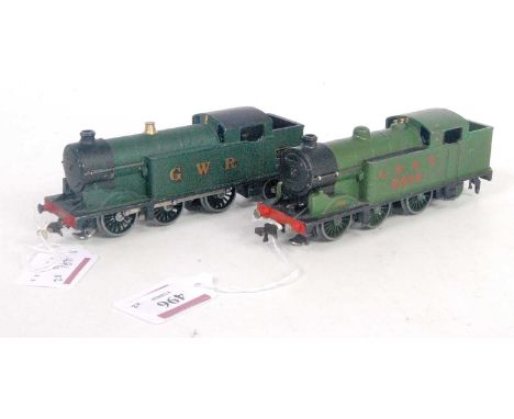 A Hornby Dublo 3-rail post war LNER green EDL7 tank engine no. 9596 (G) together with a repainted GWR version of similar engi