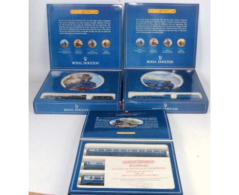 Hornby "Flying Scotsman" 1972-1975 presentation pack containing 3 x MK2A blue/grey coaches with certificate (NM-BNM) and sold