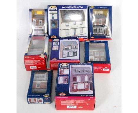 Bachmann Scenecraft, 8 low relief street scene buildings to include 44-267 corner pub, 44-245 chemists, 44-209 butchers, 44-2