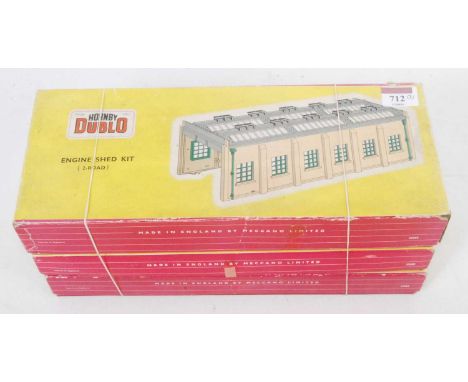 Three Hornby Dublo dismantled plastic buildings: Engine shed, one roof vent missing, requires cleaning (G-VG), an extension k