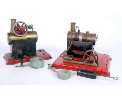 A Mamod loose stationery steam plant group, two examples to include a horizontal tin housed boiler with single flywheel and o