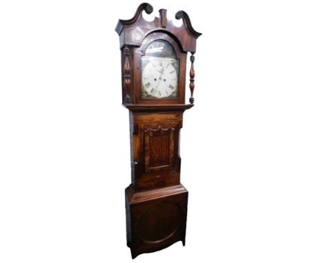 A 19thC longcase clock, the arched dial painted with church, sheep, etc., with an eight day movement, in broad oak and mahoga