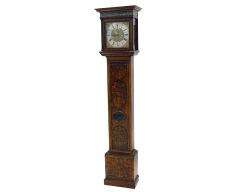 An 18thC and later walnut floral marquetry longcase clock, the door with glass bulls eye insert, on plinth, the dial 28cm wid