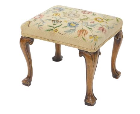 A Georgian walnut stool, with tapestry seat and cabriole legs, 42cm high, 50cm x 38cm. NB. We have specific vendor instructio