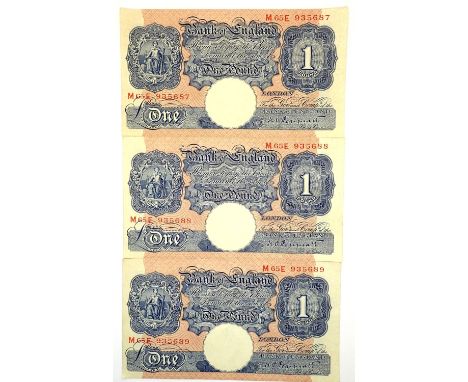 Three Peppiatt Blue £1 notes, consecutive numbers M65E 935687-9. P&amp;P Group 1 (£14+VAT for the first lot and £1+VAT for su