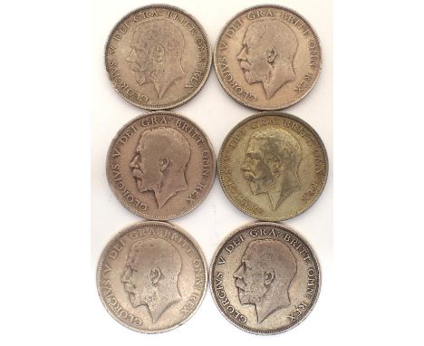 Six mixed George V half crowns, dates 1911-21. P&amp;P Group 1 (£14+VAT for the first lot and £1+VAT for subsequent lots) 