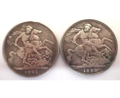 Two Jubilee head silver crowns of Queen Victoria, 1889 and 1891. P&amp;P Group 1 (£14+VAT for the first lot and £1+VAT for su