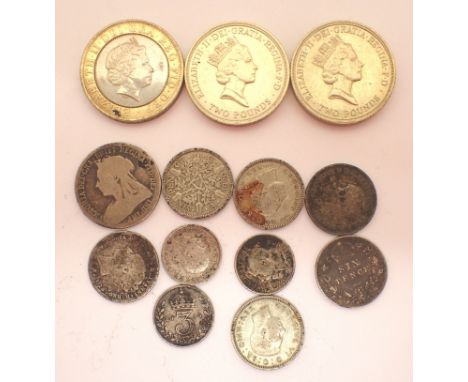 Three £2 coins and further mixed silver coins. P&amp;P Group 1 (£14+VAT for the first lot and £1+VAT for subsequent lots) 