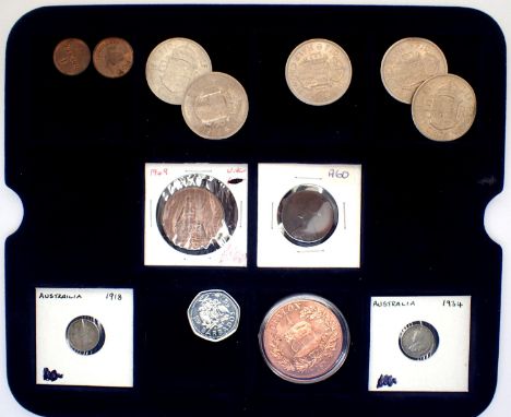 Coin collection housed in wood box, including UK and territories (57). P&amp;P Group 1 (£14+VAT for the first lot and £1+VAT 