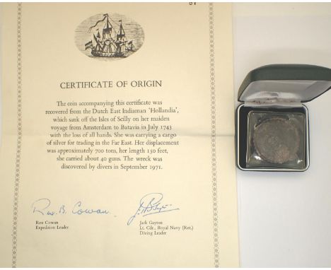 1740 silver 8 Reales, Mexico Mint, recovered from Dutch Last Indian ship Hollander which sank in July 1743, certified, grade 
