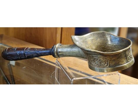 Antique Chinese Brass Ladle w/character marks to bowl, 29cm long
