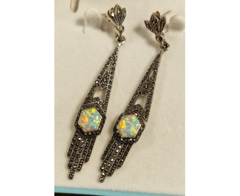 Art Deco Style Silver, Opal &amp; Marcasite Drop Earrings