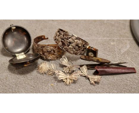 Various Antique Tortoiseshell Pieces plus Silver Filagree brooches