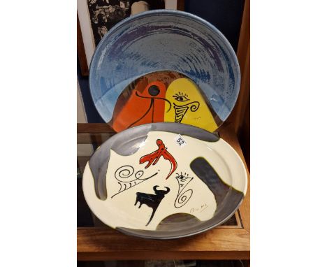 Thomas Buxo Terracotta Studio Pottery Spanish 1960's Abstract Bullfighter Inspired Pair of Charger Bowls - 41.5cm diameter