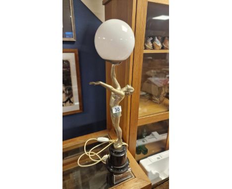 Art Deco Silvered Spelter &amp; Marble Base Table Lamp - very good order &amp; 65cm high