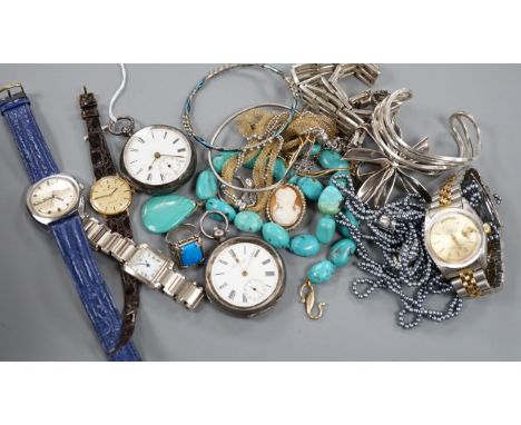 A small quantity of assorted costume jewellery, two silver pocket watches and assorted wrist watches including Timex.