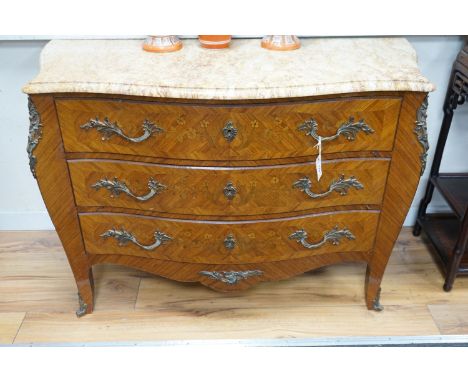A Louis XV style marquetry inlaid kingwood serpentine marble topped bombe commode, width 120cm, depth 49cm, height 82cm