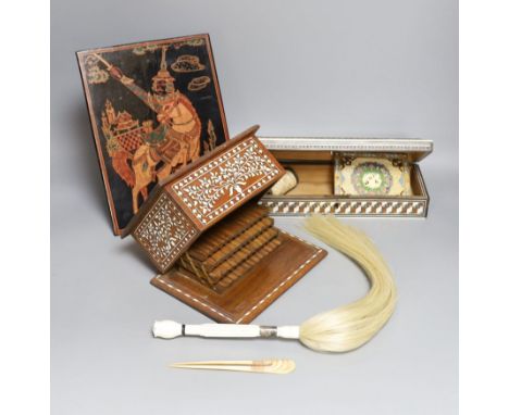 A 19th century ivory handled fly whisk, ivory inlaid sandalwood glove box, carved bone snuff box, bone inlaid cigarette box, 