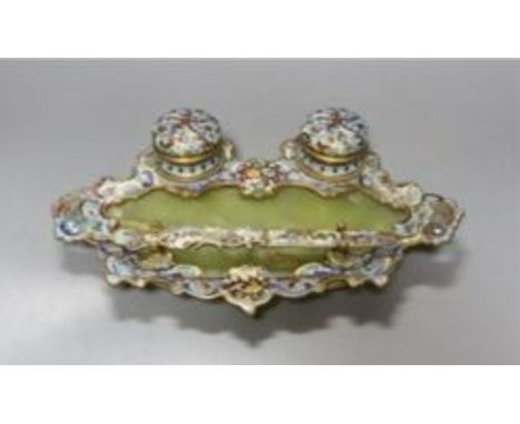 An onyx and champleve-enamel deskstand, with paper-knife, 27cm wide
