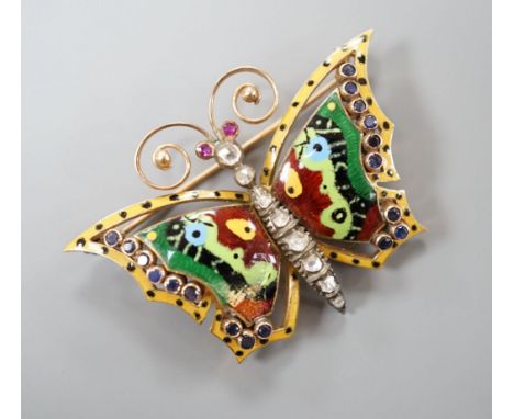 A continental yellow metal, polychrome enamel, rose cut diamond and gem set butterfly brooch (a.f.), width 50mm, gross weight